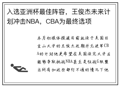 入选亚洲杯最佳阵容，王俊杰未来计划冲击NBA，CBA为最终选项